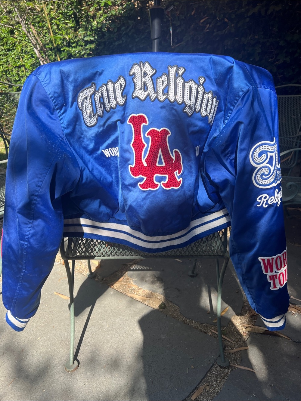 True Religion vintage Royal Blue Satin Dodgers Jacket with Swarovski crystals